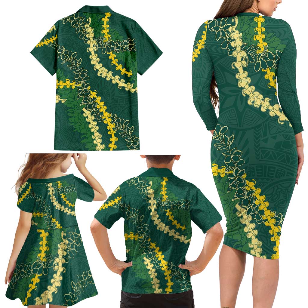 Hawaii Puakenikeni - Maile Lei Family Matching Long Sleeve Bodycon Dress and Hawaiian Shirt Sage Green LT7 - Polynesian Pride