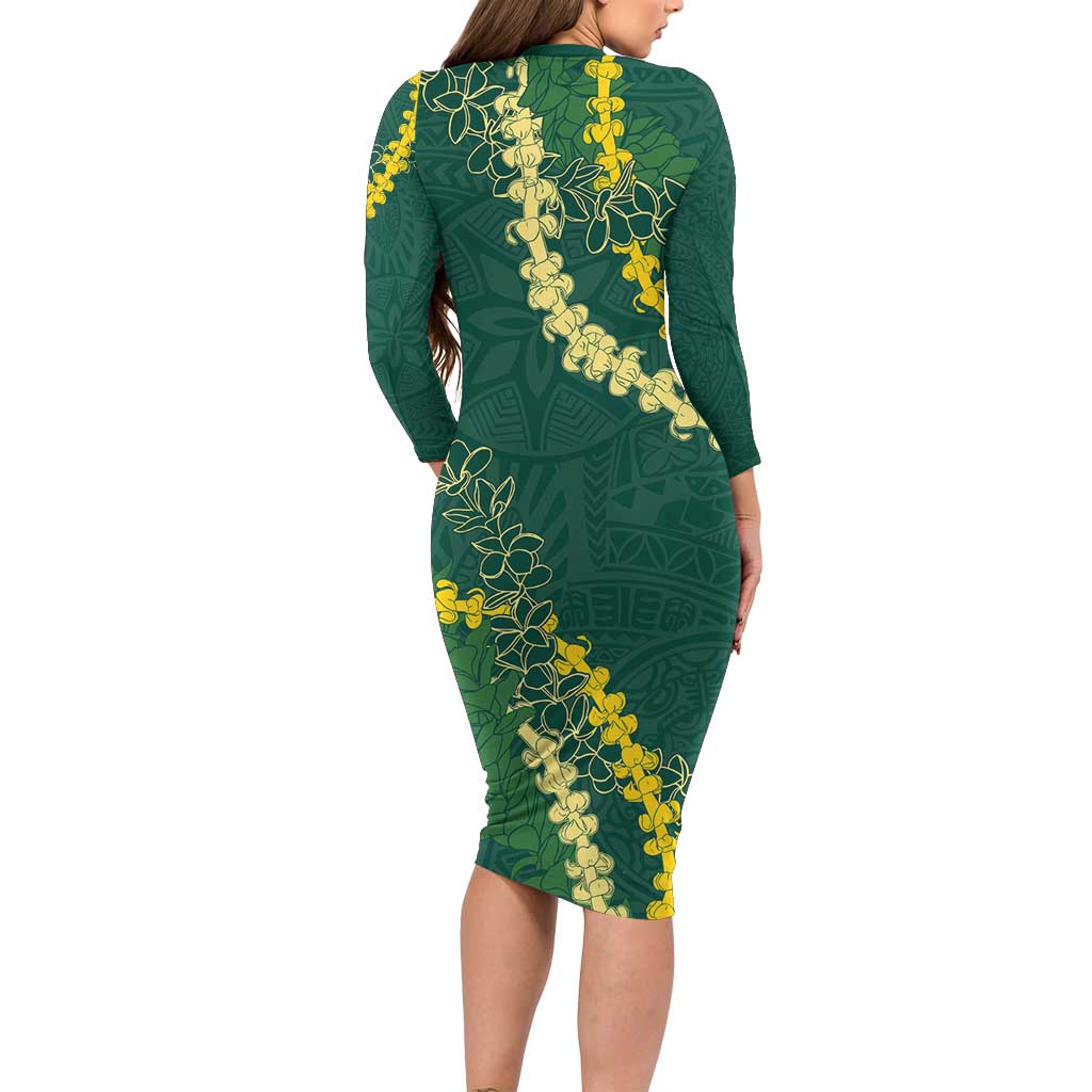 Hawaii Puakenikeni - Maile Lei Family Matching Long Sleeve Bodycon Dress and Hawaiian Shirt Sage Green LT7 - Polynesian Pride