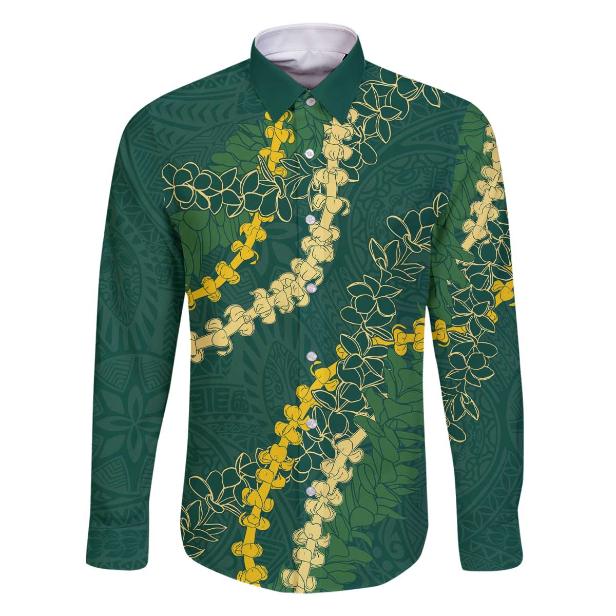Hawaii Puakenikeni - Maile Lei Family Matching Off The Shoulder Long Sleeve Dress and Hawaiian Shirt Sage Green LT7 Dad's Shirt - Long Sleeve Sage Green - Polynesian Pride