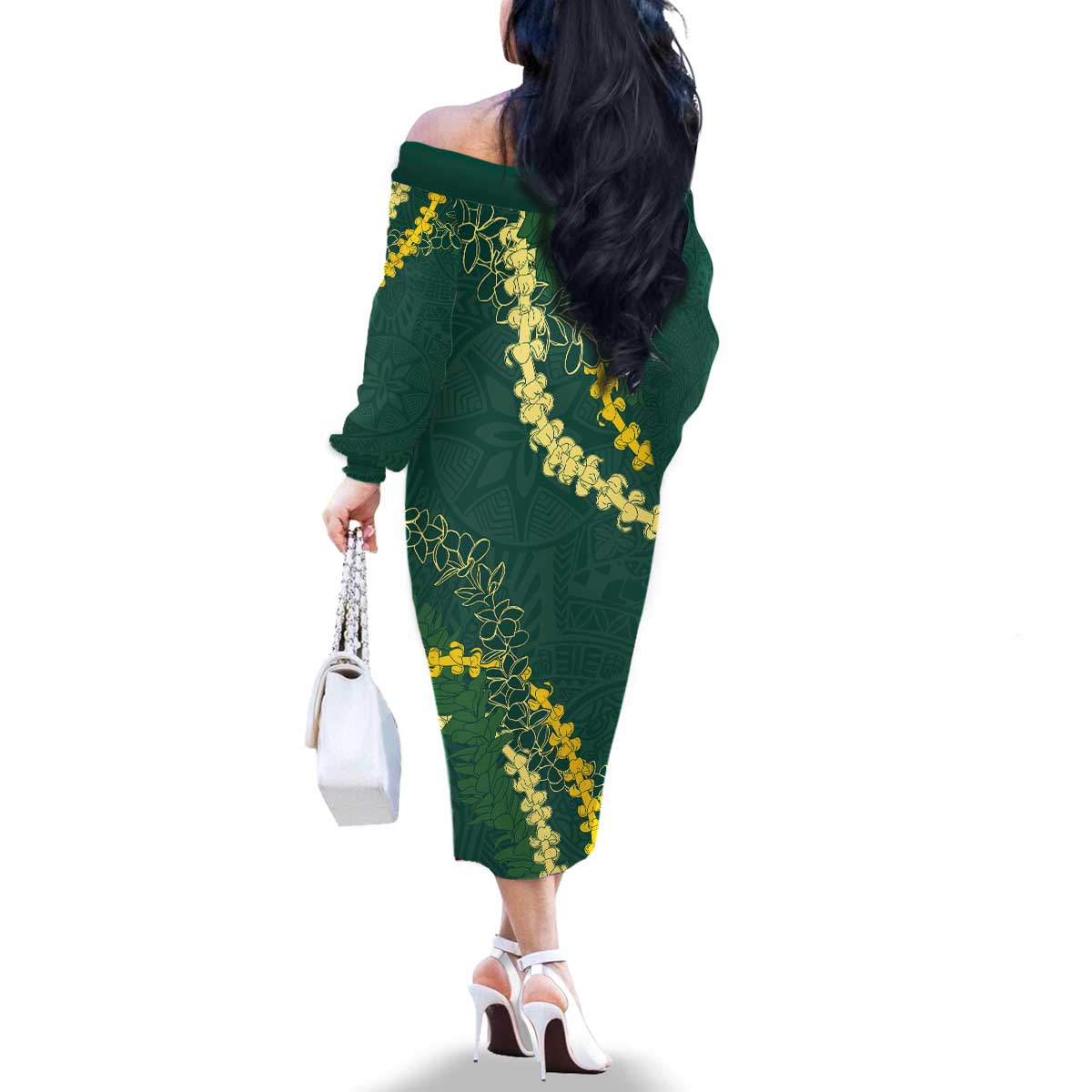 Hawaii Puakenikeni - Maile Lei Family Matching Off The Shoulder Long Sleeve Dress and Hawaiian Shirt Sage Green LT7 - Polynesian Pride