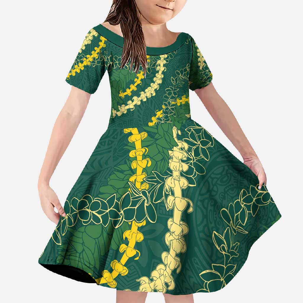 Hawaii Puakenikeni - Maile Lei Family Matching Off Shoulder Maxi Dress and Hawaiian Shirt Sage Green LT7 Daughter's Dress Sage Green - Polynesian Pride