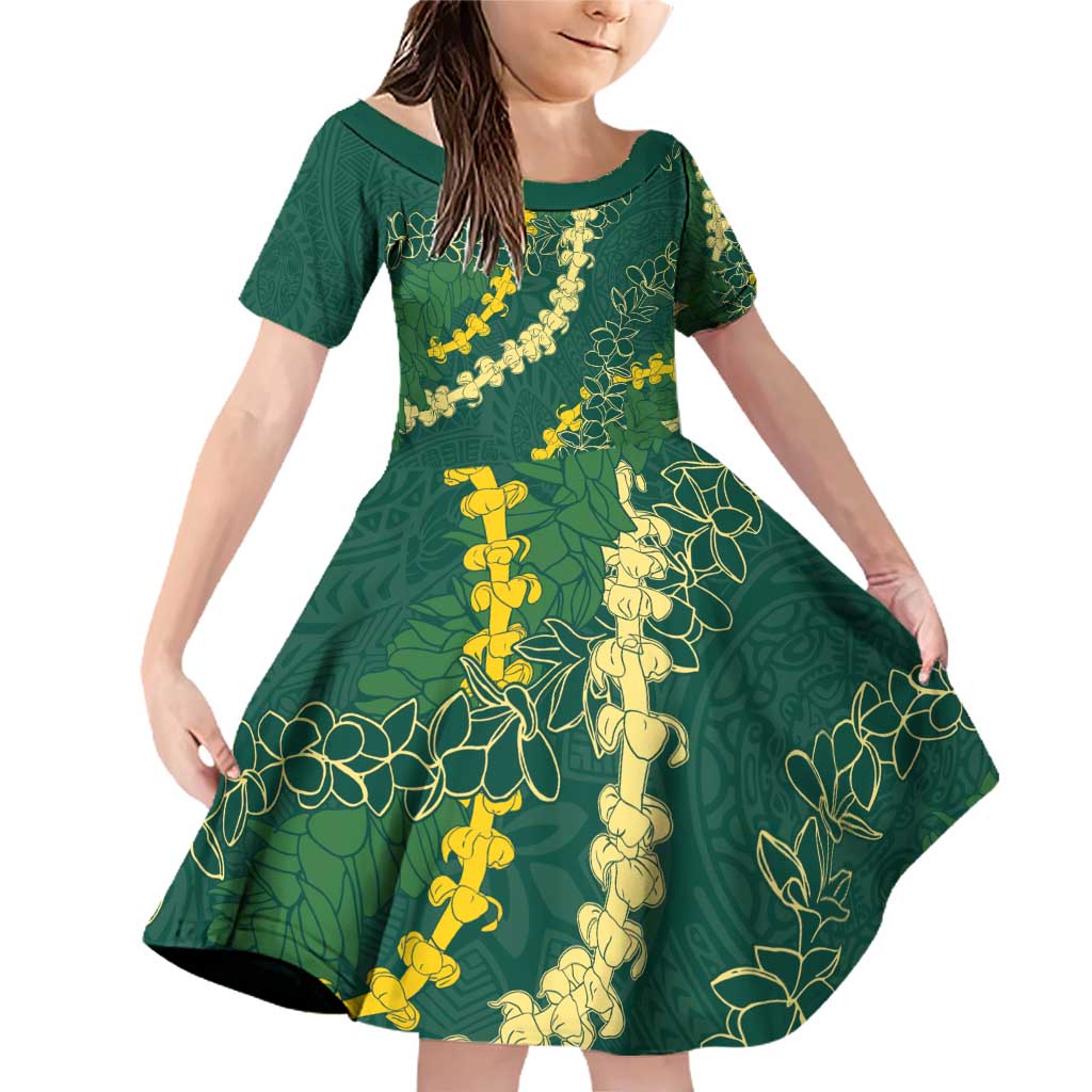Hawaii Puakenikeni - Maile Lei Family Matching Off Shoulder Short Dress and Hawaiian Shirt Sage Green LT7 Daughter's Dress Sage Green - Polynesian Pride