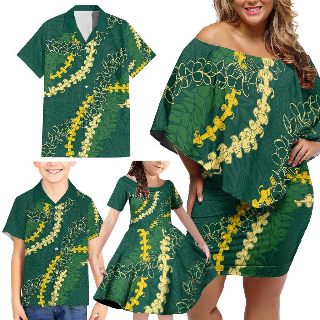 Hawaii Puakenikeni - Maile Lei Family Matching Off Shoulder Short Dress and Hawaiian Shirt Sage Green LT7 - Polynesian Pride