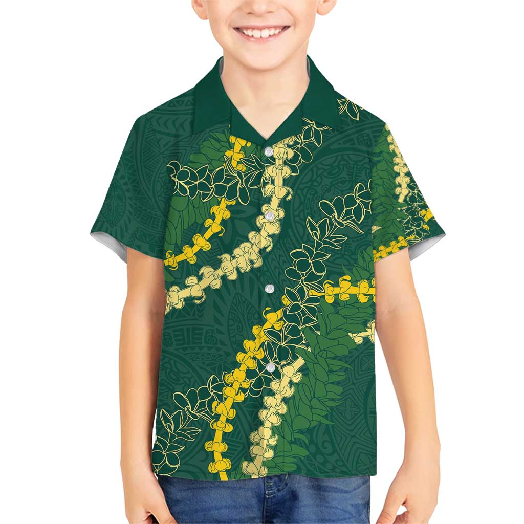 Hawaii Puakenikeni - Maile Lei Family Matching Off Shoulder Short Dress and Hawaiian Shirt Sage Green LT7 Son's Shirt Sage Green - Polynesian Pride