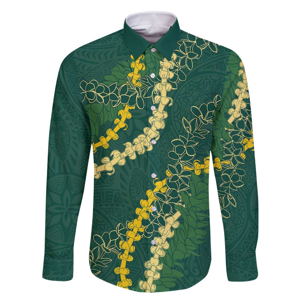 Hawaii Puakenikeni - Maile Lei Family Matching Puletasi and Hawaiian Shirt Sage Green LT7 Dad's Shirt - Long Sleeve Sage Green - Polynesian Pride
