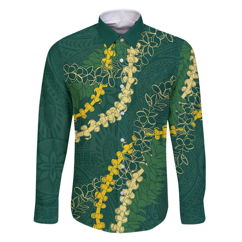 Hawaii Puakenikeni - Maile Lei Family Matching Summer Maxi Dress and Hawaiian Shirt Sage Green LT7 Dad's Shirt - Long Sleeve Sage Green - Polynesian Pride
