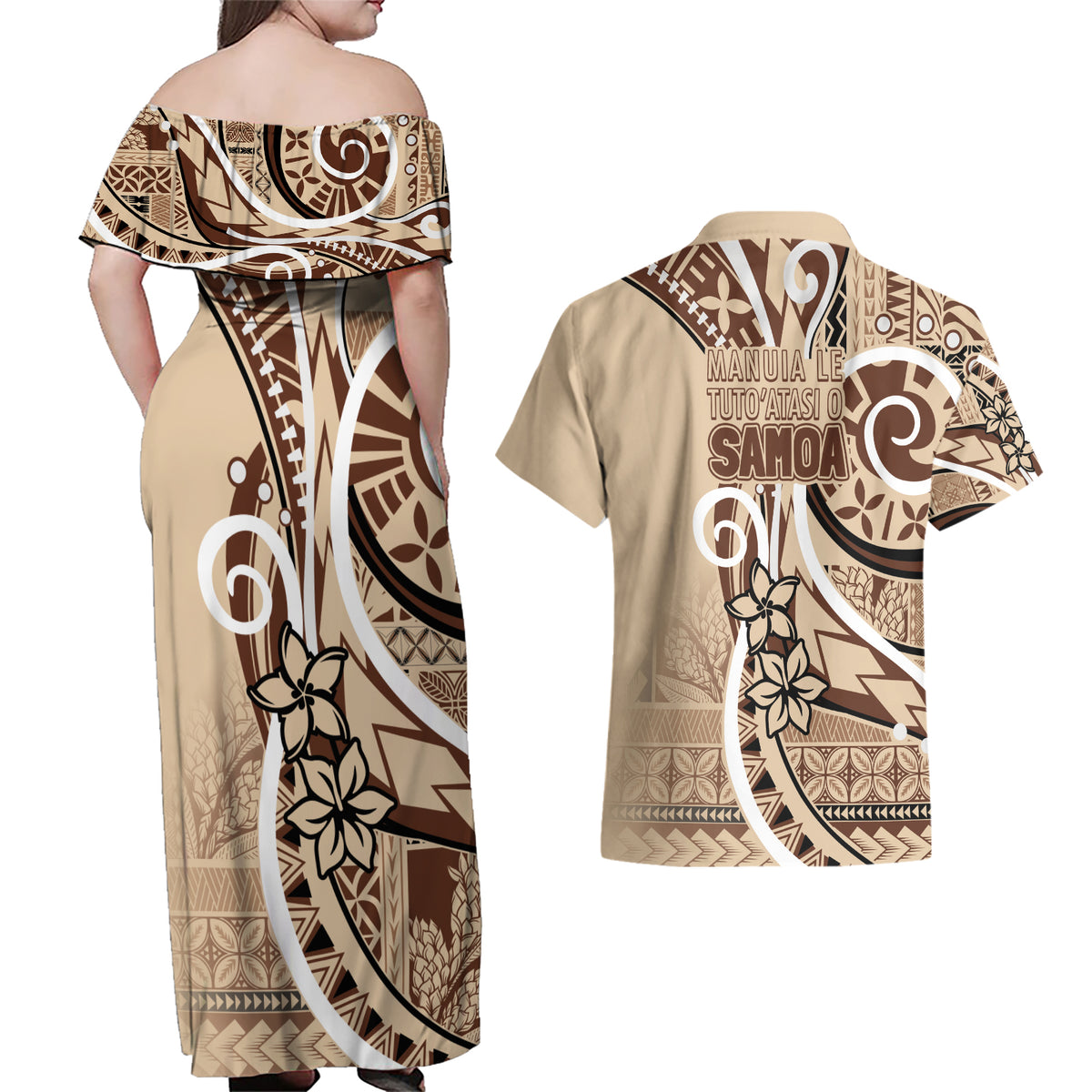 Samoa Siapo Classic Motif Couples Matching Off Shoulder Maxi Dress and Hawaiian Shirt Manuia le tuto’atasi o Samoa Independence