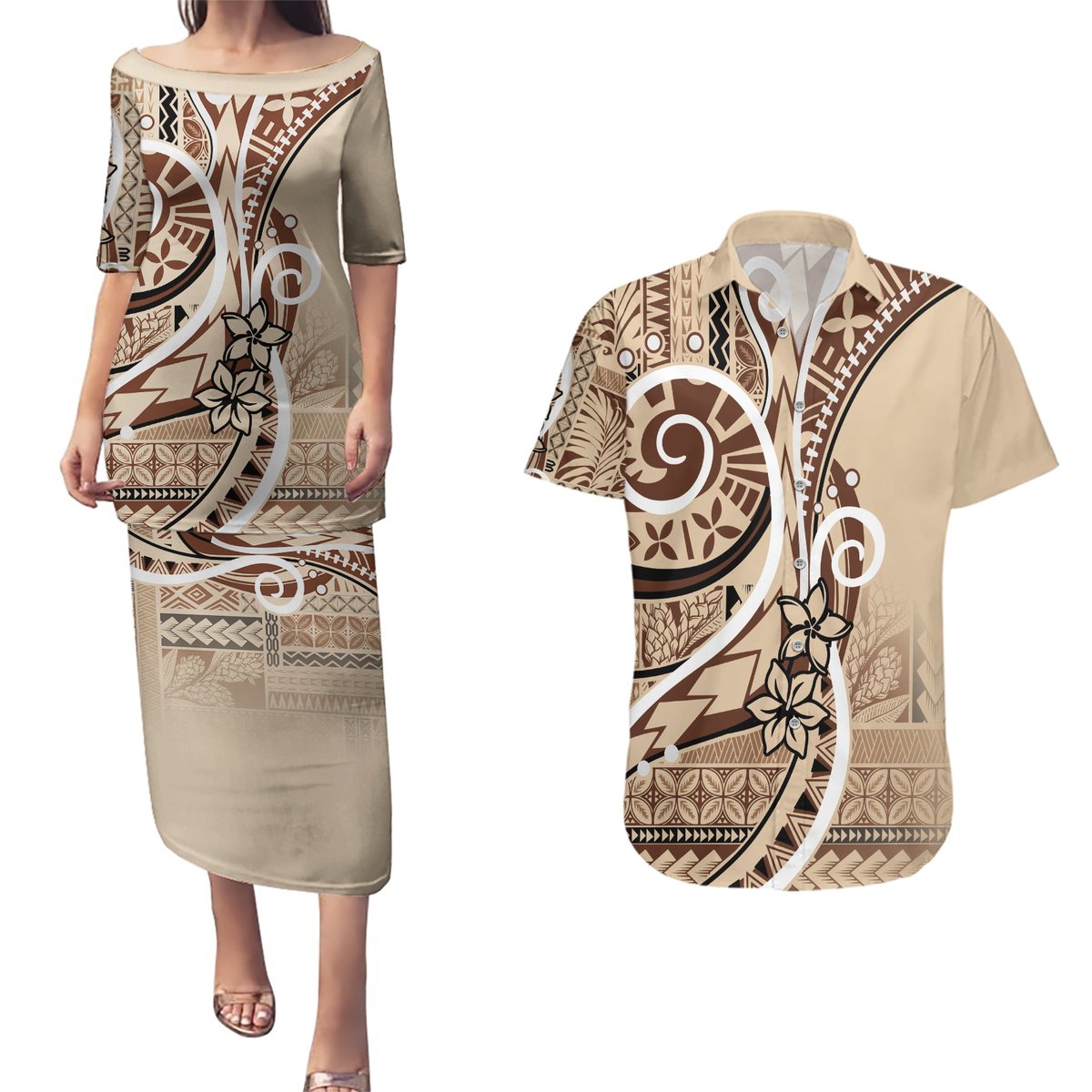 Samoa Siapo Classic Motif Couples Matching Puletasi and Hawaiian Shirt Manuia le tutoatasi o Samoa Independence LT7 Beige - Polynesian Pride