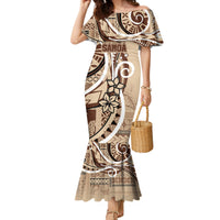 Samoa Siapo Classic Motif Family Matching Mermaid Dress and Hawaiian Shirt Manuia le tutoatasi o Samoa Independence LT7 Mom's Dress Beige - Polynesian Pride