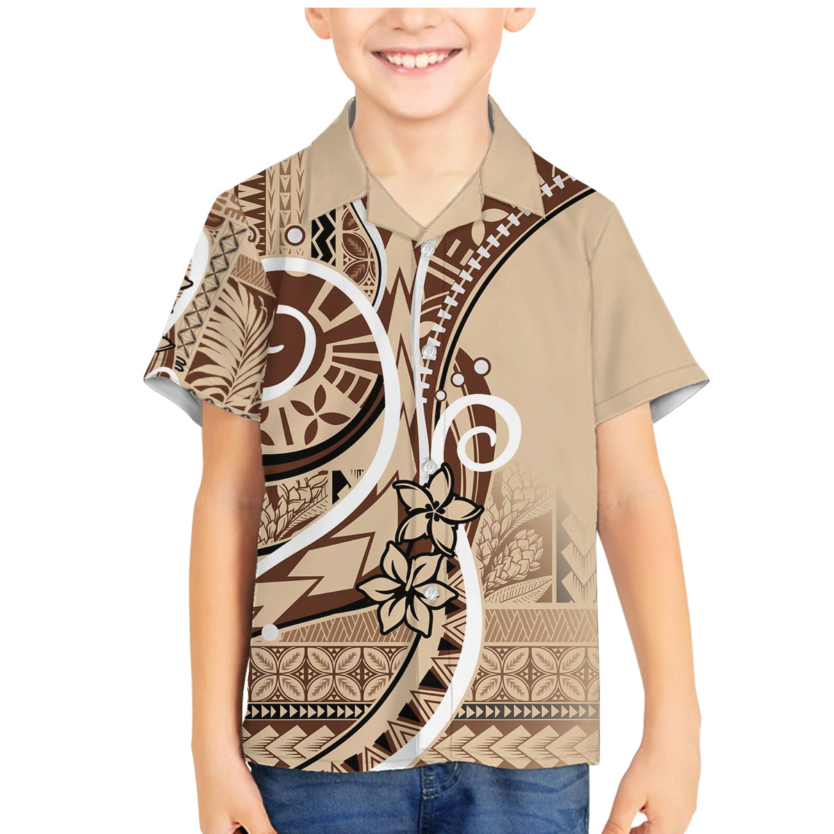 Samoa Siapo Classic Motif Family Matching Mermaid Dress and Hawaiian Shirt Manuia le tutoatasi o Samoa Independence LT7 Son's Shirt Beige - Polynesian Pride