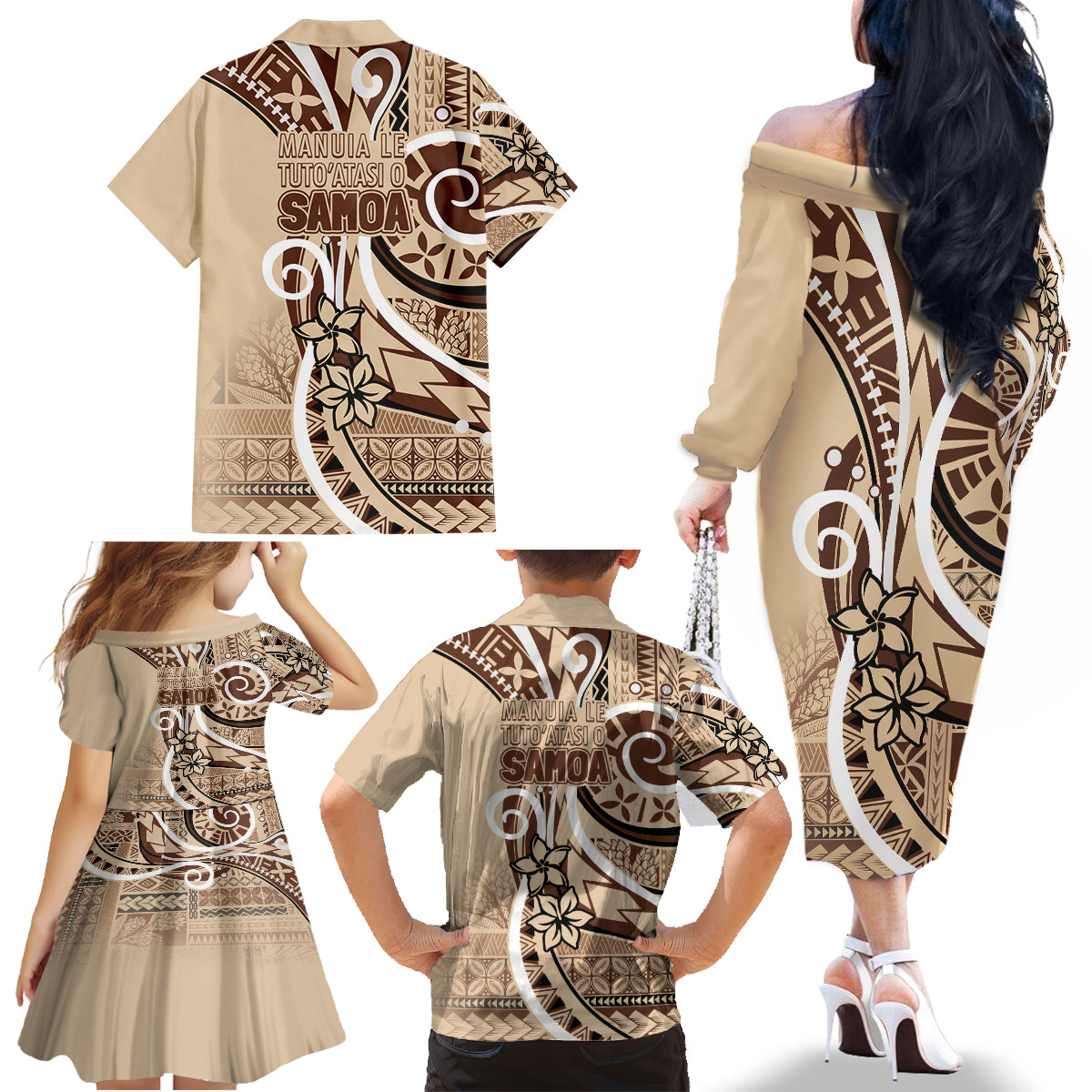 Samoa Siapo Classic Motif Family Matching Off The Shoulder Long Sleeve Dress and Hawaiian Shirt Manuia le tutoatasi o Samoa Independence LT7 - Polynesian Pride