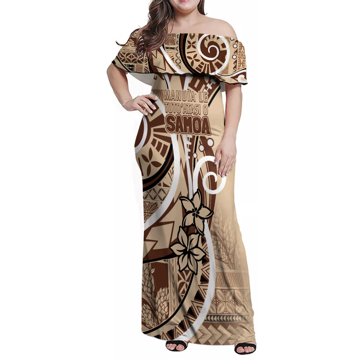 Samoa Siapo Classic Motif Family Matching Off Shoulder Maxi Dress and Hawaiian Shirt Manuia le tutoatasi o Samoa Independence LT7 Mom's Dress Beige - Polynesian Pride