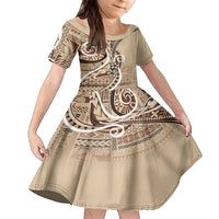Samoa Siapo Classic Motif Family Matching Off Shoulder Short Dress and Hawaiian Shirt Manuia le tutoatasi o Samoa Independence LT7 Daughter's Dress Beige - Polynesian Pride