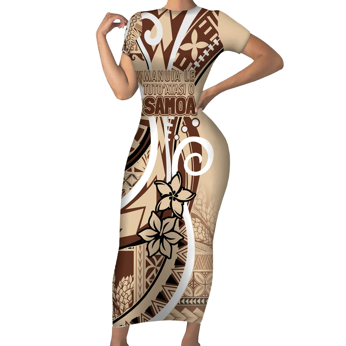 Samoa Siapo Classic Motif Family Matching Short Sleeve Bodycon Dress and Hawaiian Shirt Manuia le tutoatasi o Samoa Independence LT7 Mom's Dress Beige - Polynesian Pride