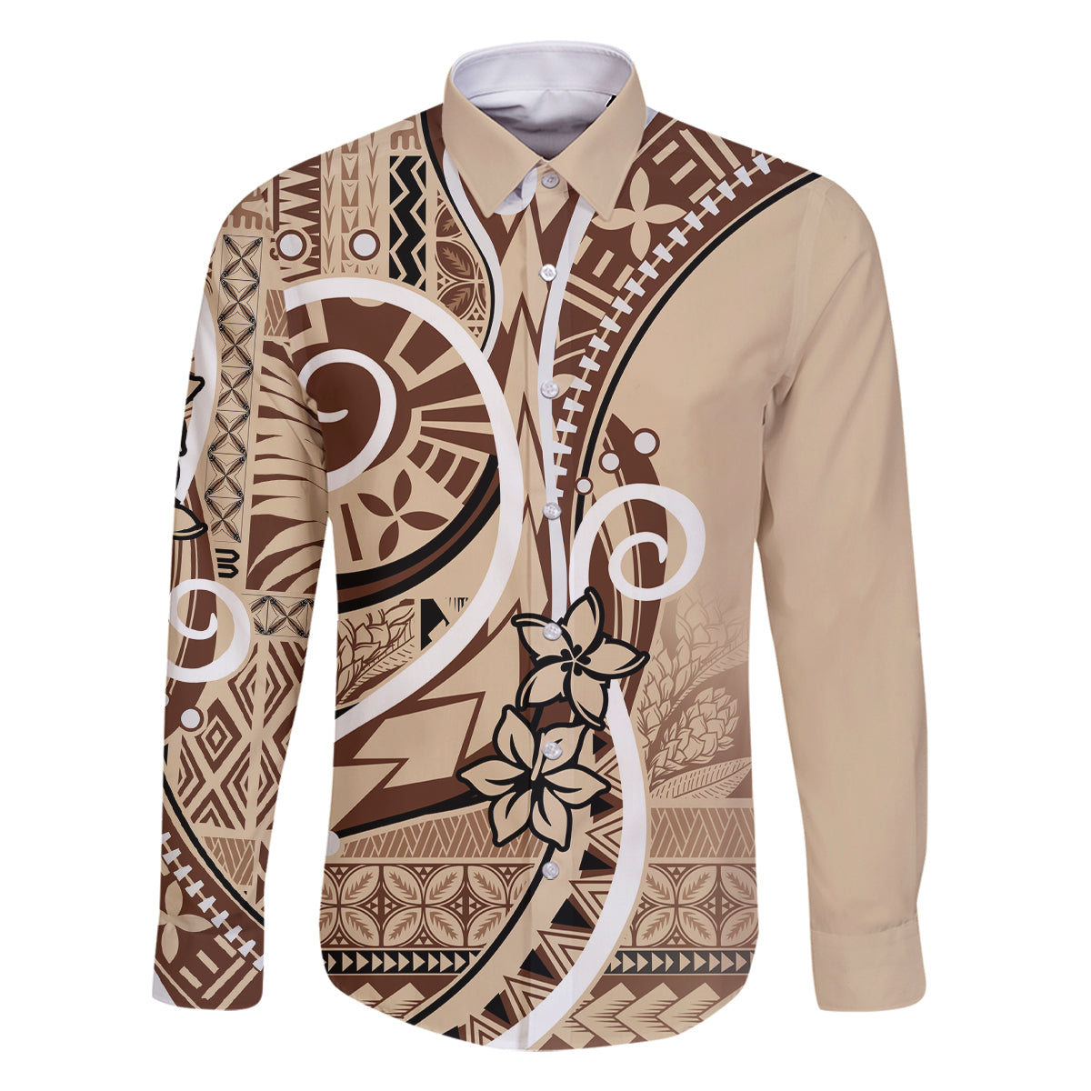 Samoa Siapo Classic Motif Family Matching Summer Maxi Dress and Hawaiian Shirt Manuia le tutoatasi o Samoa Independence LT7 Dad's Shirt - Long Sleeve Beige - Polynesian Pride