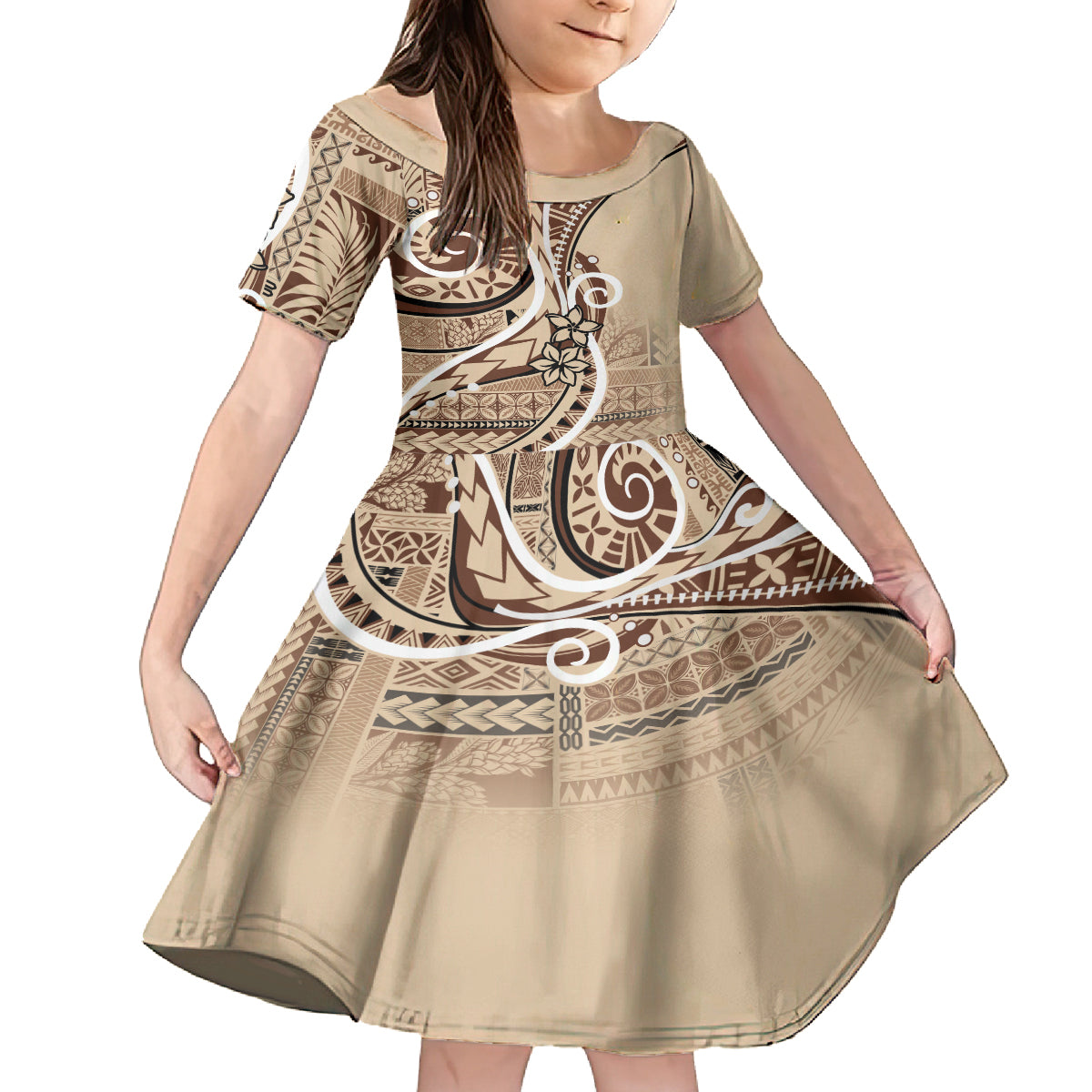 Samoa Siapo Classic Motif Family Matching Tank Maxi Dress and Hawaiian Shirt Manuia le tutoatasi o Samoa Independence LT7 Daughter's Dress Beige - Polynesian Pride