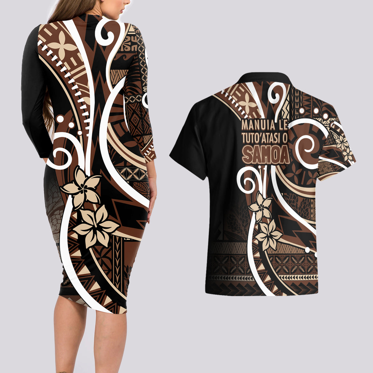 Samoa Siapo Classic Motif Couples Matching Long Sleeve Bodycon Dress and Hawaiian Shirt Manuia le tutoatasi o Samoa Independence Black Style LT7 - Polynesian Pride