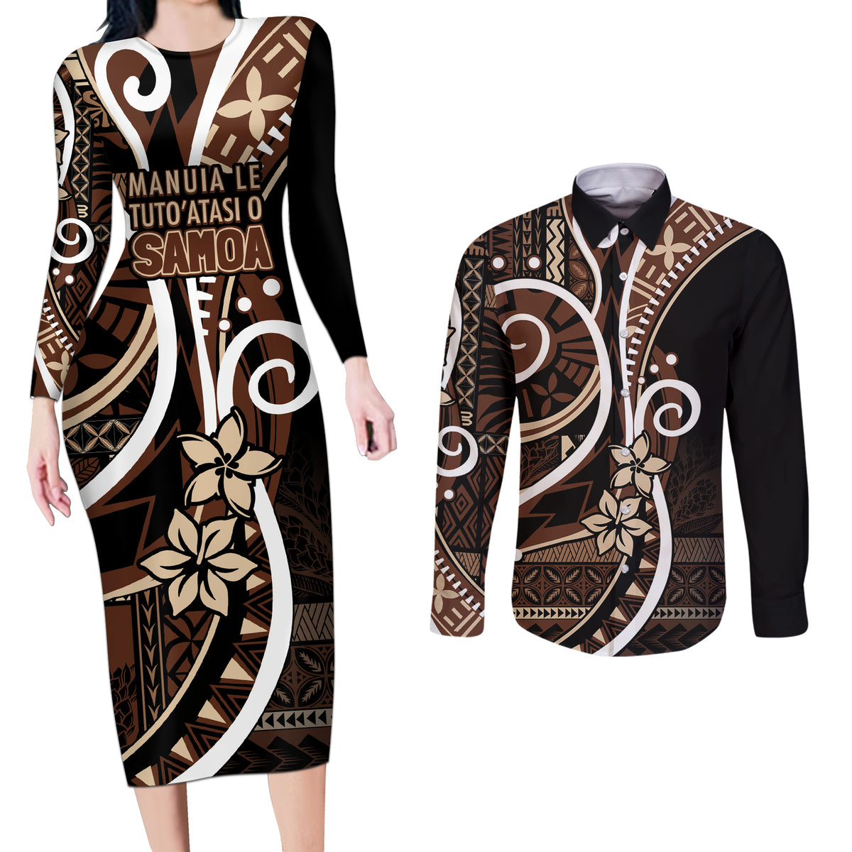 Samoa Siapo Classic Motif Couples Matching Long Sleeve Bodycon Dress and Long Sleeve Button Shirt Manuia le tutoatasi o Samoa Independence Black Style LT7 Black - Polynesian Pride