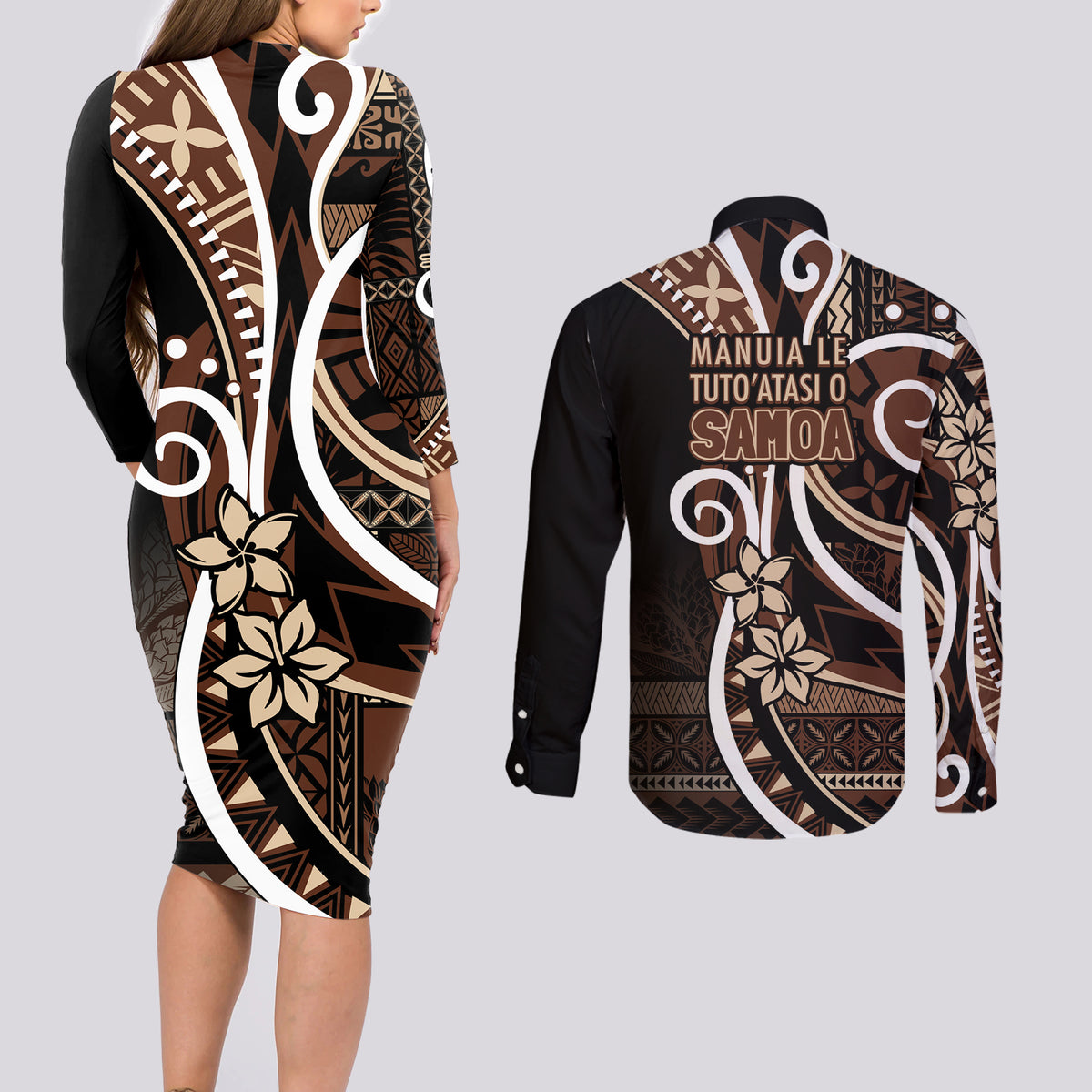 Samoa Siapo Classic Motif Couples Matching Long Sleeve Bodycon Dress and Long Sleeve Button Shirt Manuia le tutoatasi o Samoa Independence Black Style LT7 - Polynesian Pride