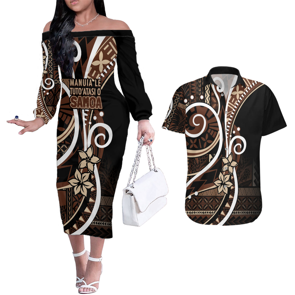 Samoa Siapo Classic Motif Couples Matching Off The Shoulder Long Sleeve Dress and Hawaiian Shirt Manuia le tutoatasi o Samoa Independence Black Style LT7 Black - Polynesian Pride