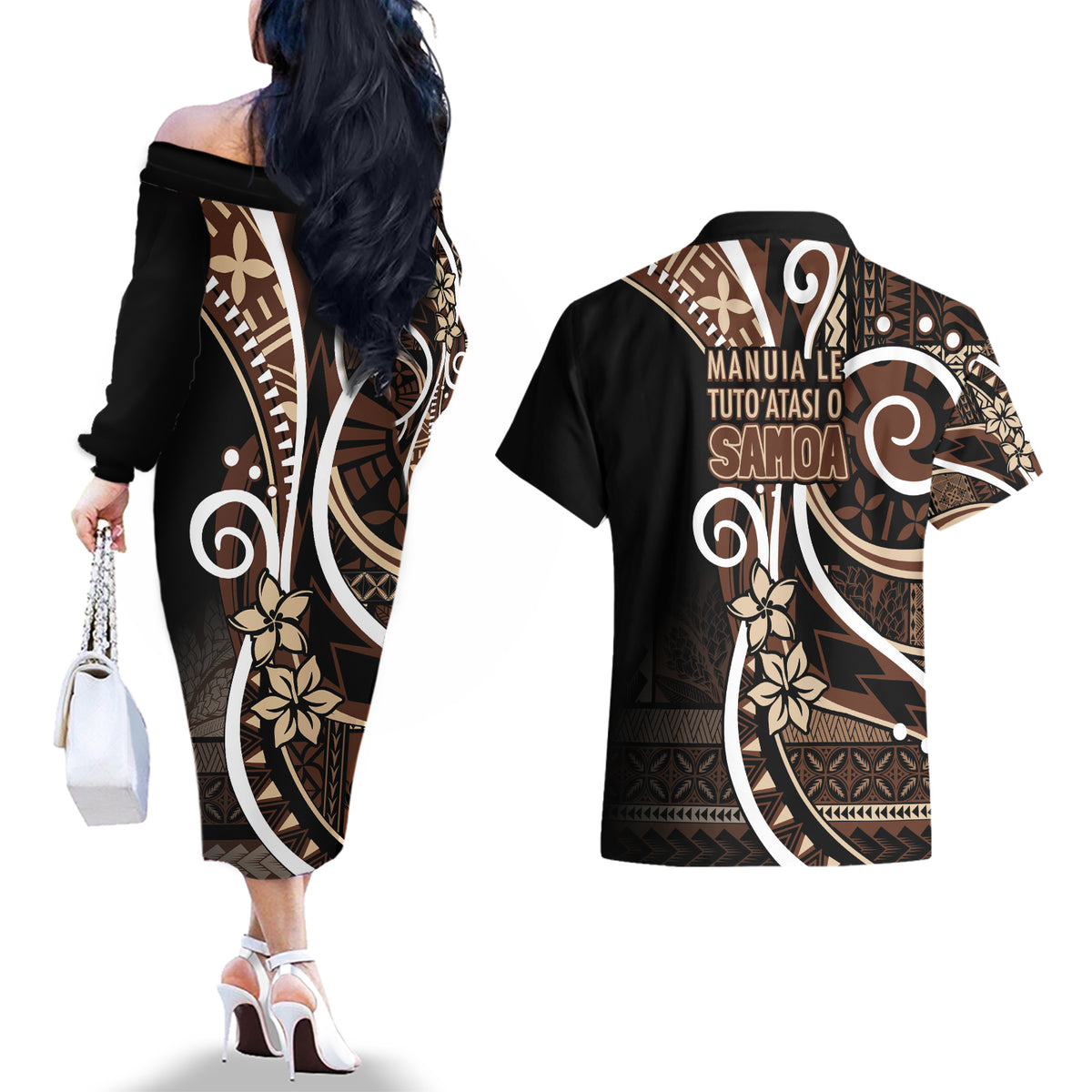 Samoa Siapo Classic Motif Couples Matching Off The Shoulder Long Sleeve Dress and Hawaiian Shirt Manuia le tutoatasi o Samoa Independence Black Style LT7 - Polynesian Pride