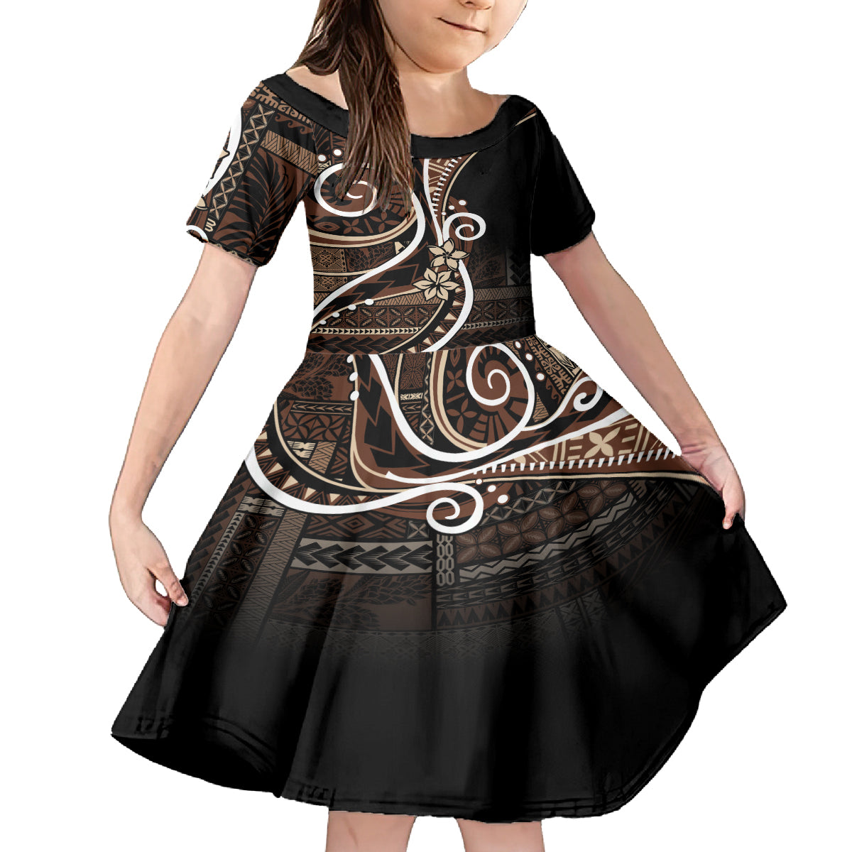 Samoa Siapo Classic Motif Family Matching Long Sleeve Bodycon Dress and Hawaiian Shirt Manuia le tutoatasi o Samoa Independence Black Style LT7 Daughter's Dress Black - Polynesian Pride