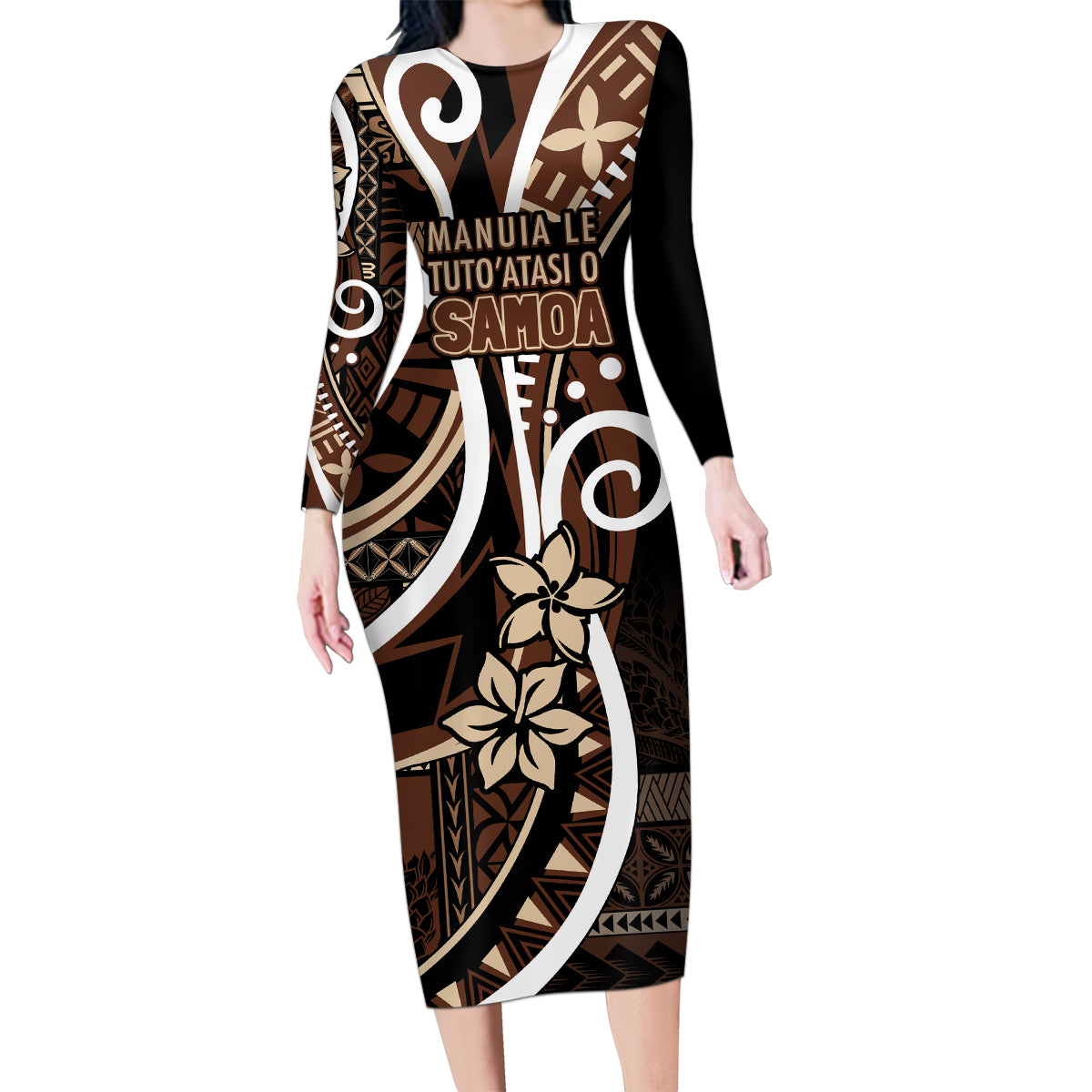 Samoa Siapo Classic Motif Family Matching Long Sleeve Bodycon Dress and Hawaiian Shirt Manuia le tutoatasi o Samoa Independence Black Style LT7 Mom's Dress Black - Polynesian Pride