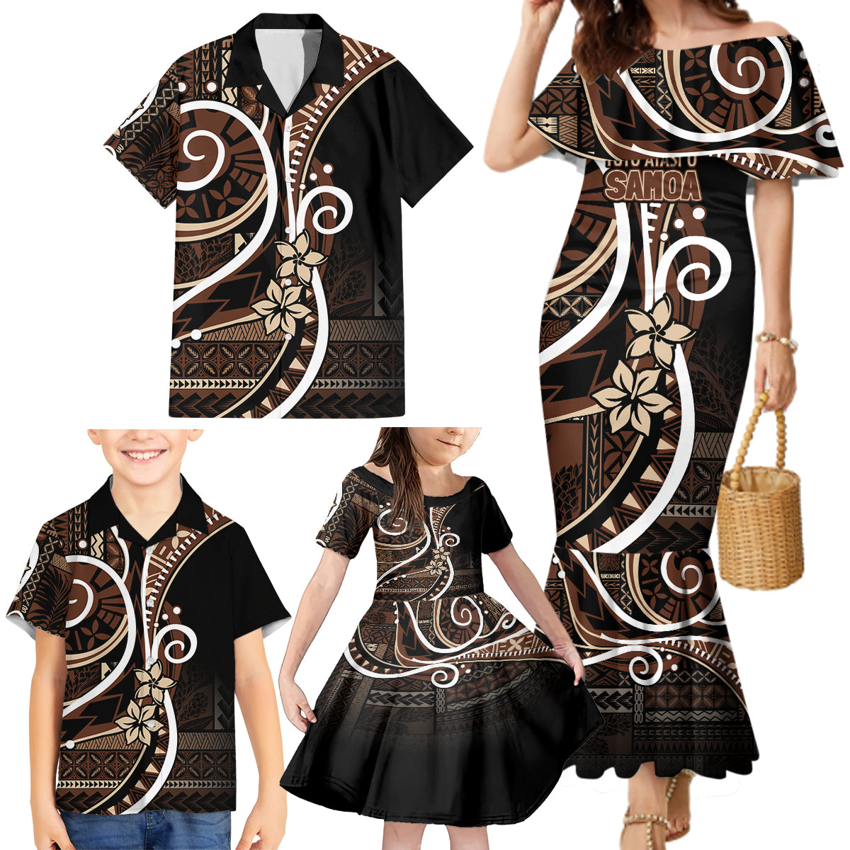 Samoa Siapo Classic Motif Family Matching Mermaid Dress and Hawaiian Shirt Manuia le tutoatasi o Samoa Independence Black Style LT7 - Polynesian Pride