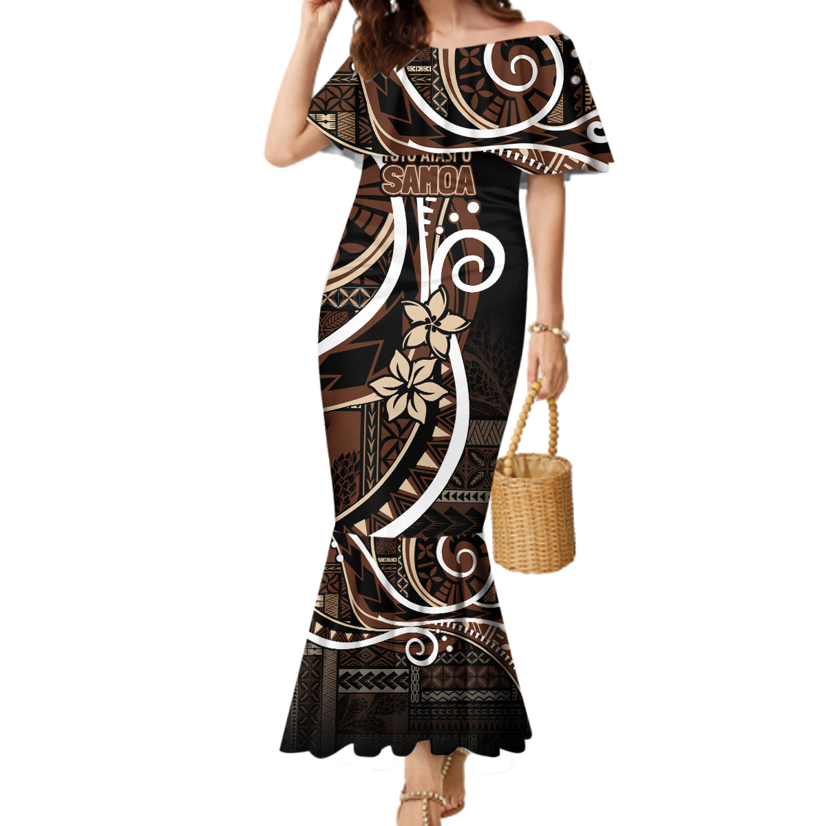 Samoa Siapo Classic Motif Family Matching Mermaid Dress and Hawaiian Shirt Manuia le tutoatasi o Samoa Independence Black Style LT7 Mom's Dress Black - Polynesian Pride