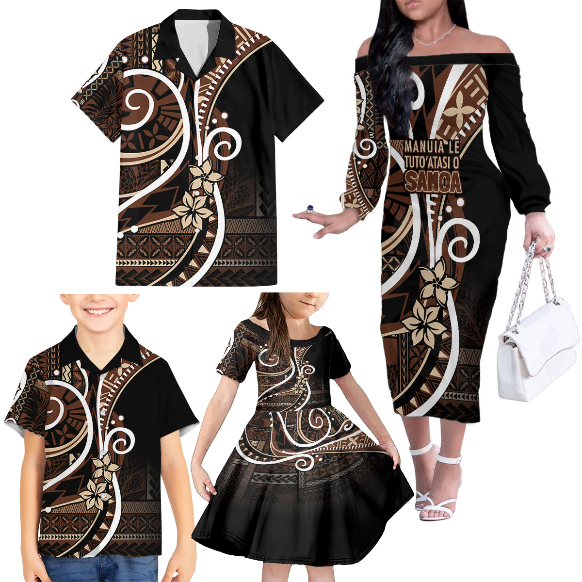 Samoa Siapo Classic Motif Family Matching Off The Shoulder Long Sleeve Dress and Hawaiian Shirt Manuia le tutoatasi o Samoa Independence Black Style LT7 - Polynesian Pride