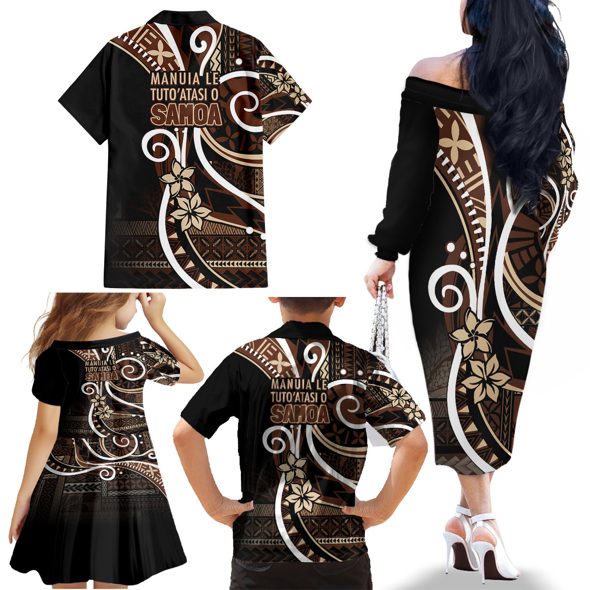 Samoa Siapo Classic Motif Family Matching Off The Shoulder Long Sleeve Dress and Hawaiian Shirt Manuia le tutoatasi o Samoa Independence Black Style LT7 - Polynesian Pride
