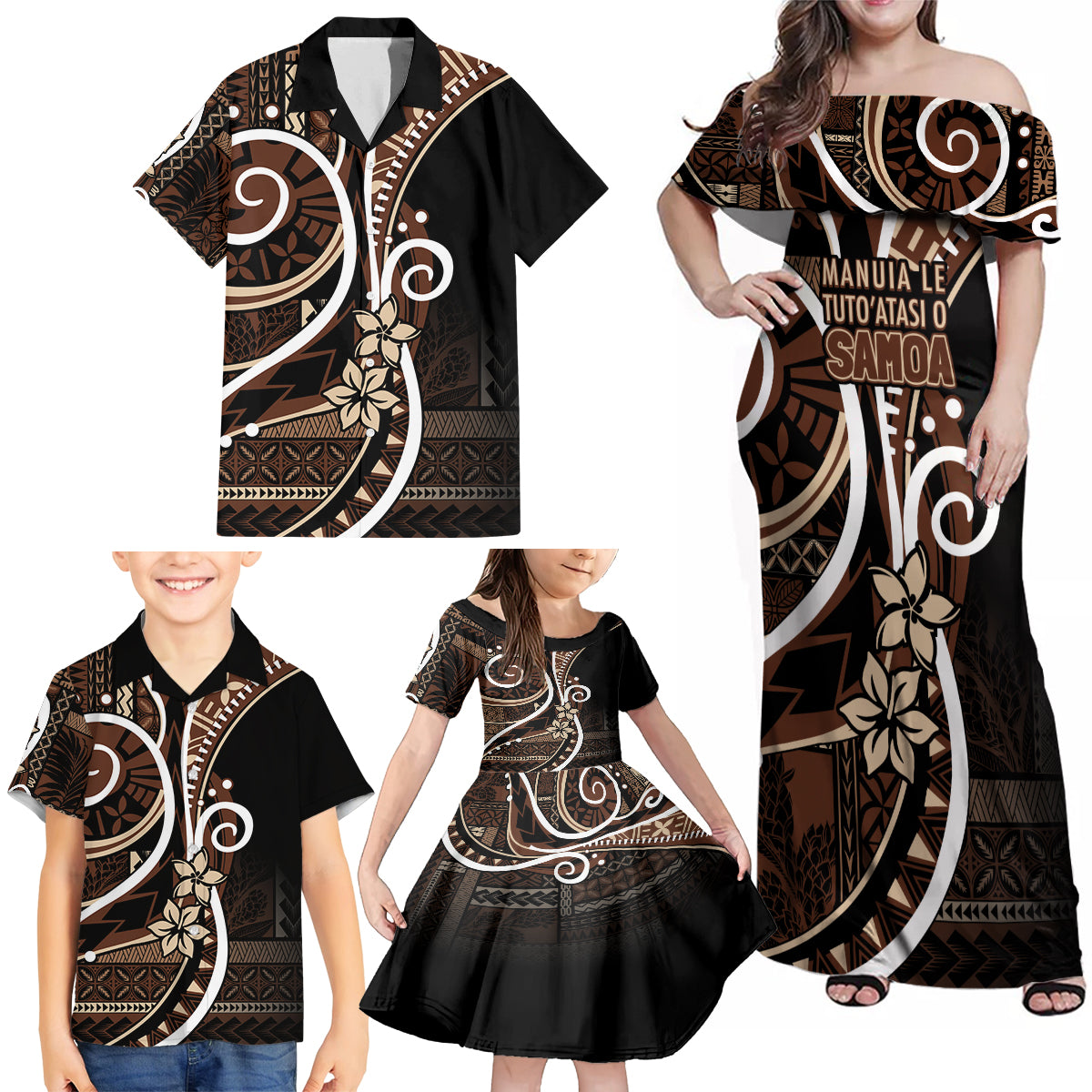 Samoa Siapo Classic Motif Family Matching Off Shoulder Maxi Dress and Hawaiian Shirt Manuia le tutoatasi o Samoa Independence Black Style LT7 - Polynesian Pride