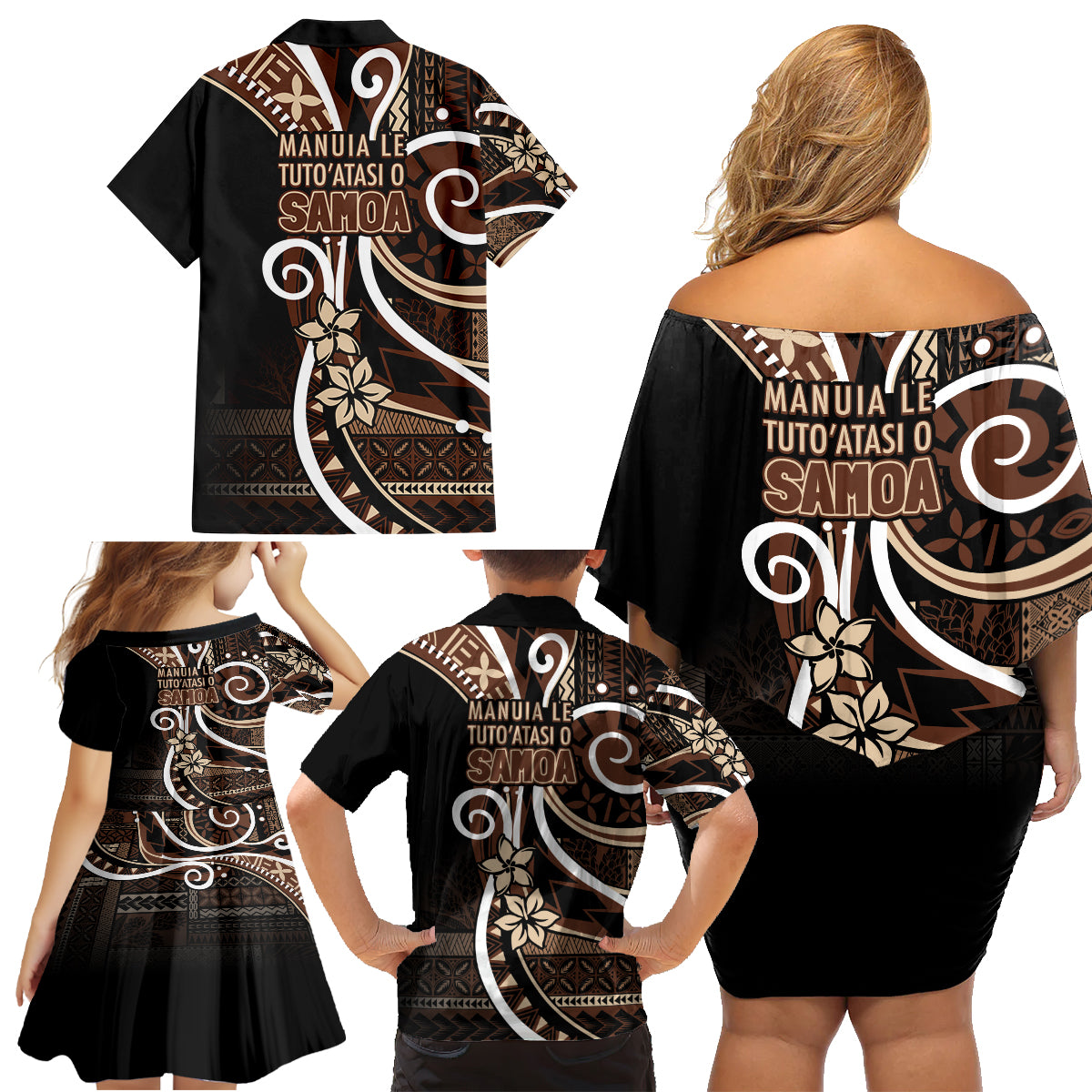 Samoa Siapo Classic Motif Family Matching Off Shoulder Short Dress and Hawaiian Shirt Manuia le tutoatasi o Samoa Independence Black Style LT7 - Polynesian Pride