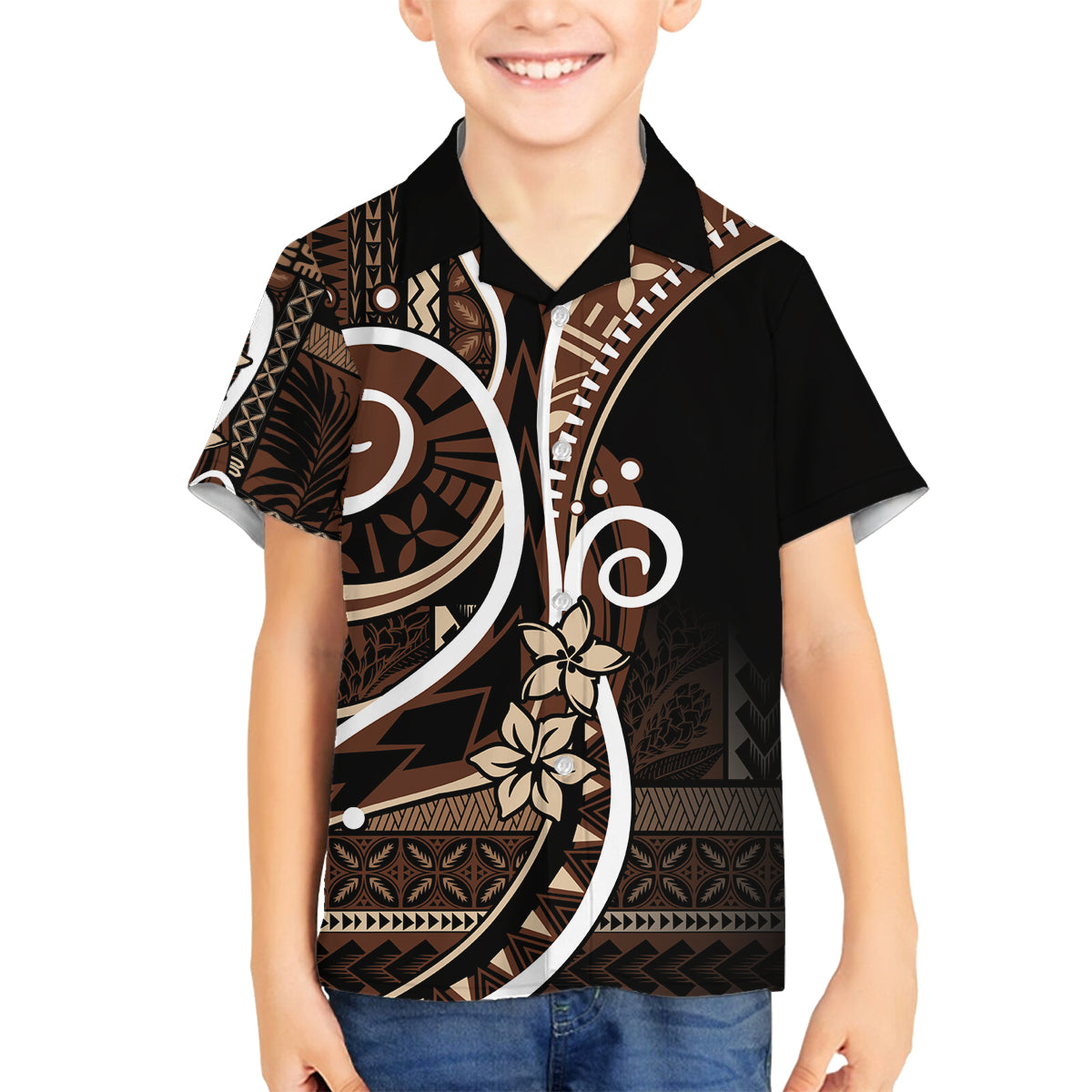 Samoa Siapo Classic Motif Family Matching Off Shoulder Short Dress and Hawaiian Shirt Manuia le tutoatasi o Samoa Independence Black Style LT7 Son's Shirt Black - Polynesian Pride