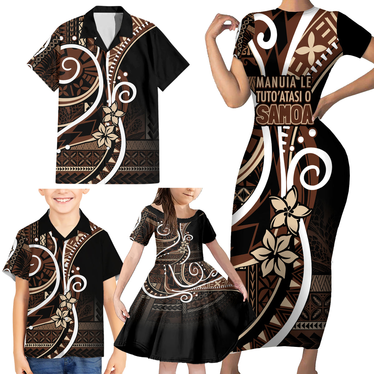 Samoa Siapo Classic Motif Family Matching Short Sleeve Bodycon Dress and Hawaiian Shirt Manuia le tutoatasi o Samoa Independence Black Style LT7 - Polynesian Pride