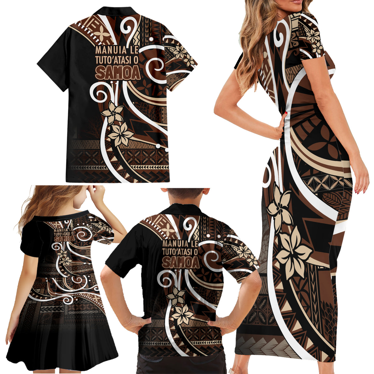 Samoa Siapo Classic Motif Family Matching Short Sleeve Bodycon Dress and Hawaiian Shirt Manuia le tutoatasi o Samoa Independence Black Style LT7 - Polynesian Pride