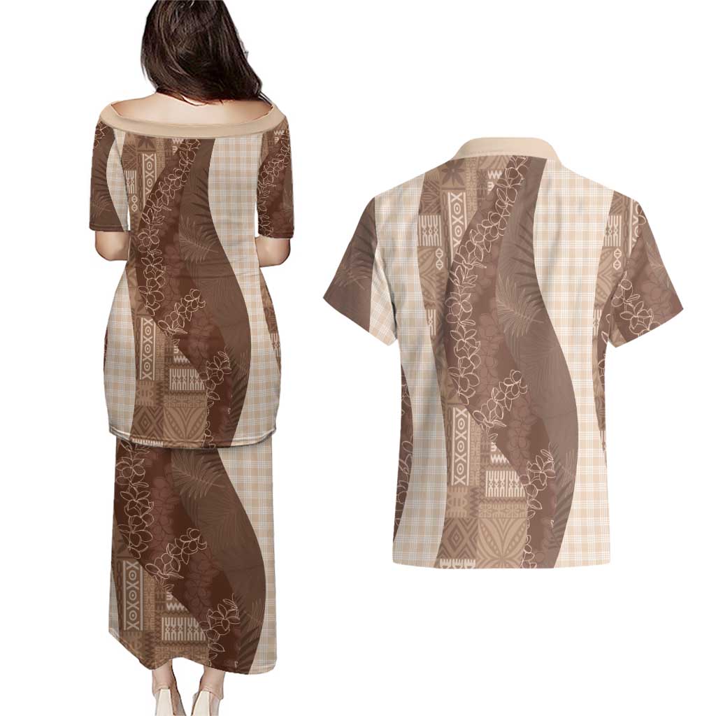 Polynesian Tribal Pattern Patchwork Picturesque Couples Matching Puletasi and Hawaiian Shirt Mocha