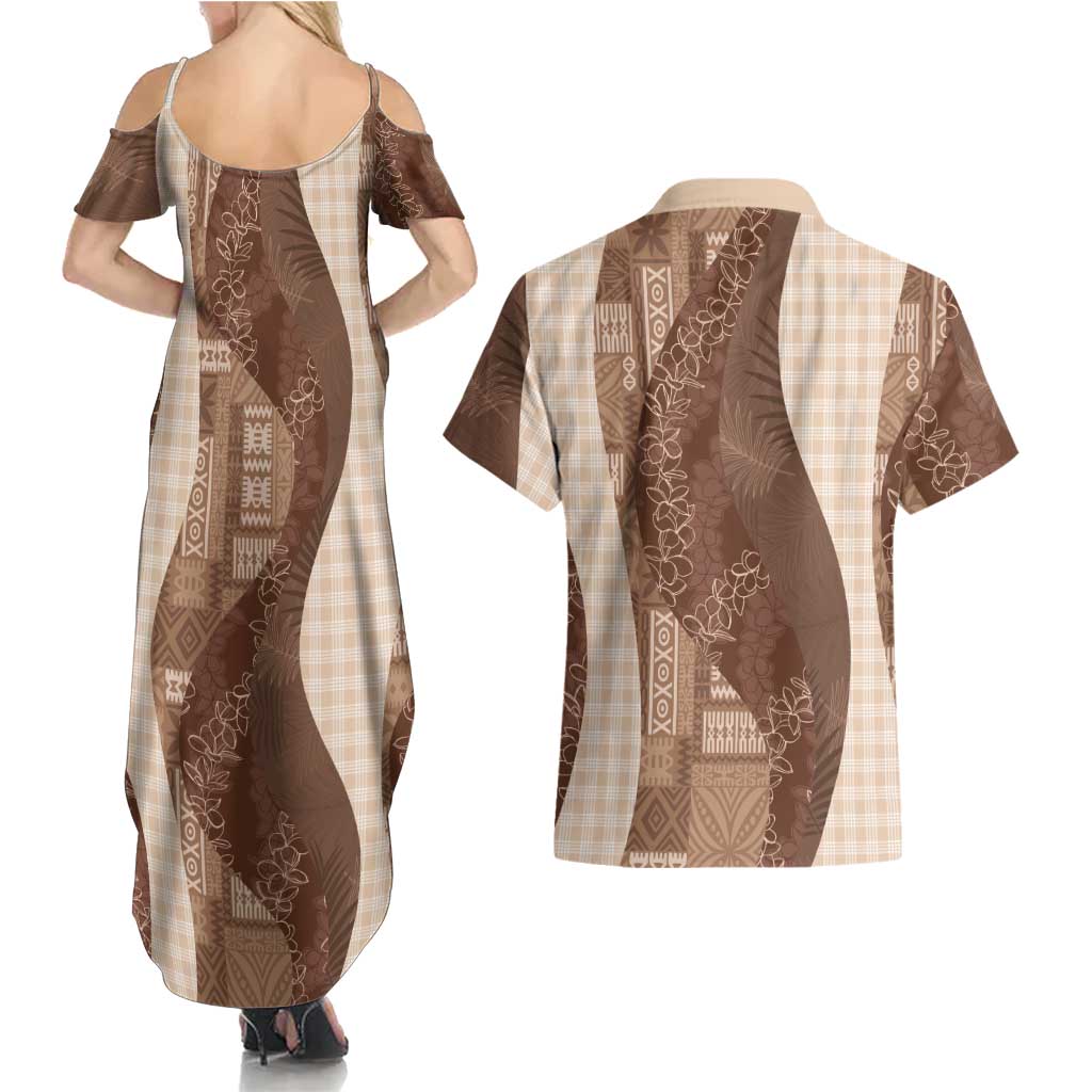 Polynesian Tribal Pattern Patchwork Picturesque Couples Matching Summer Maxi Dress and Hawaiian Shirt Mocha