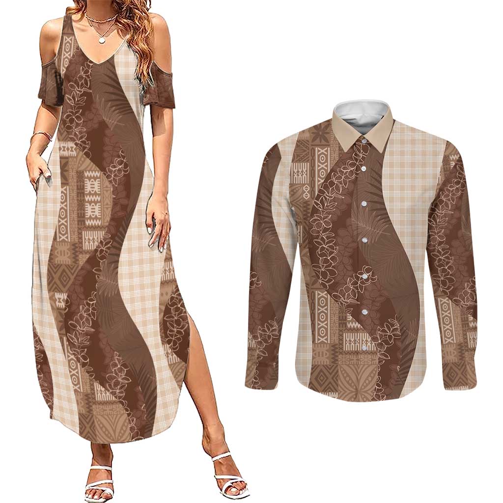 Polynesian Tribal Pattern Patchwork Picturesque Couples Matching Summer Maxi Dress and Long Sleeve Button Shirt Mocha