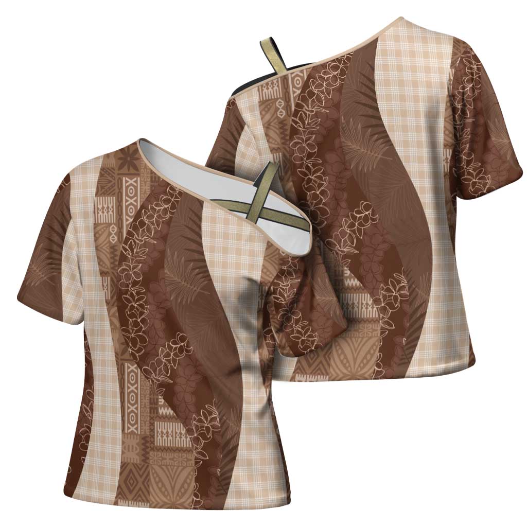 Polynesian Tribal Pattern Patchwork Picturesque Cross Shoulder Shirt Mocha