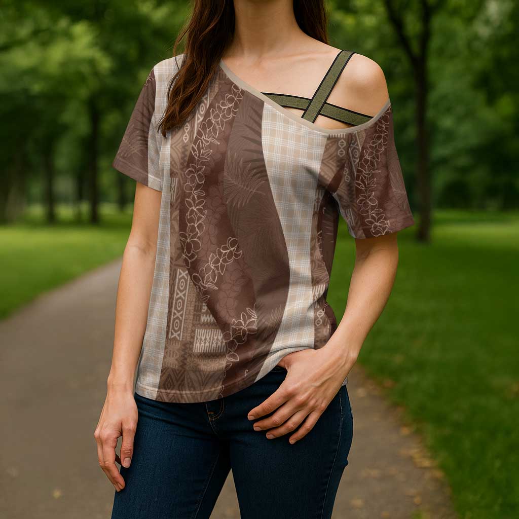 Polynesian Tribal Pattern Patchwork Picturesque Cross Shoulder Shirt Mocha