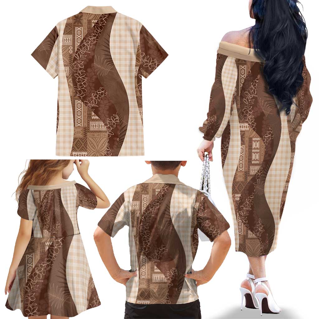 Polynesian Tribal Pattern Patchwork Picturesque Family Matching Off The Shoulder Long Sleeve Dress and Hawaiian Shirt Mocha