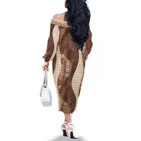 Polynesian Tribal Pattern Patchwork Picturesque Family Matching Off The Shoulder Long Sleeve Dress and Hawaiian Shirt Mocha