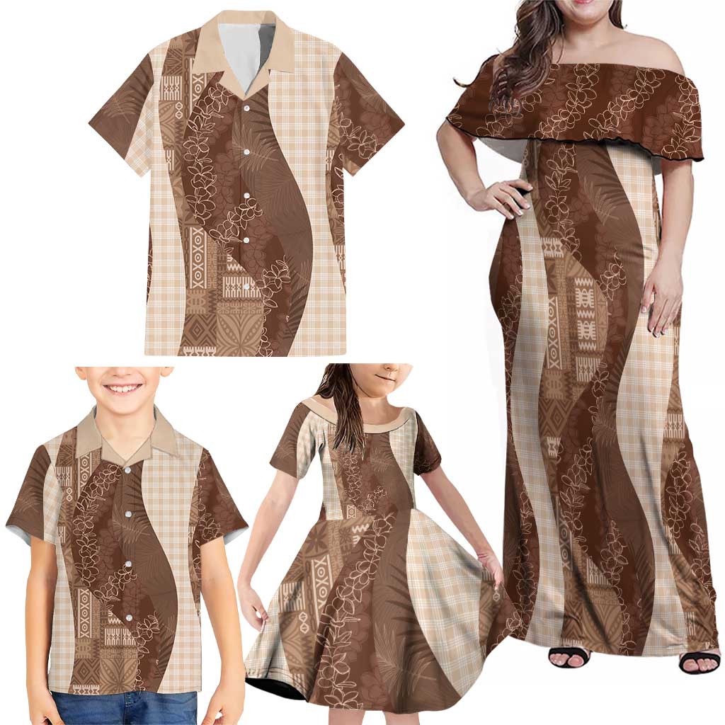Polynesian Tribal Pattern Patchwork Picturesque Family Matching Off Shoulder Maxi Dress and Hawaiian Shirt Mocha