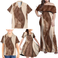 Polynesian Tribal Pattern Patchwork Picturesque Family Matching Off Shoulder Maxi Dress and Hawaiian Shirt Mocha