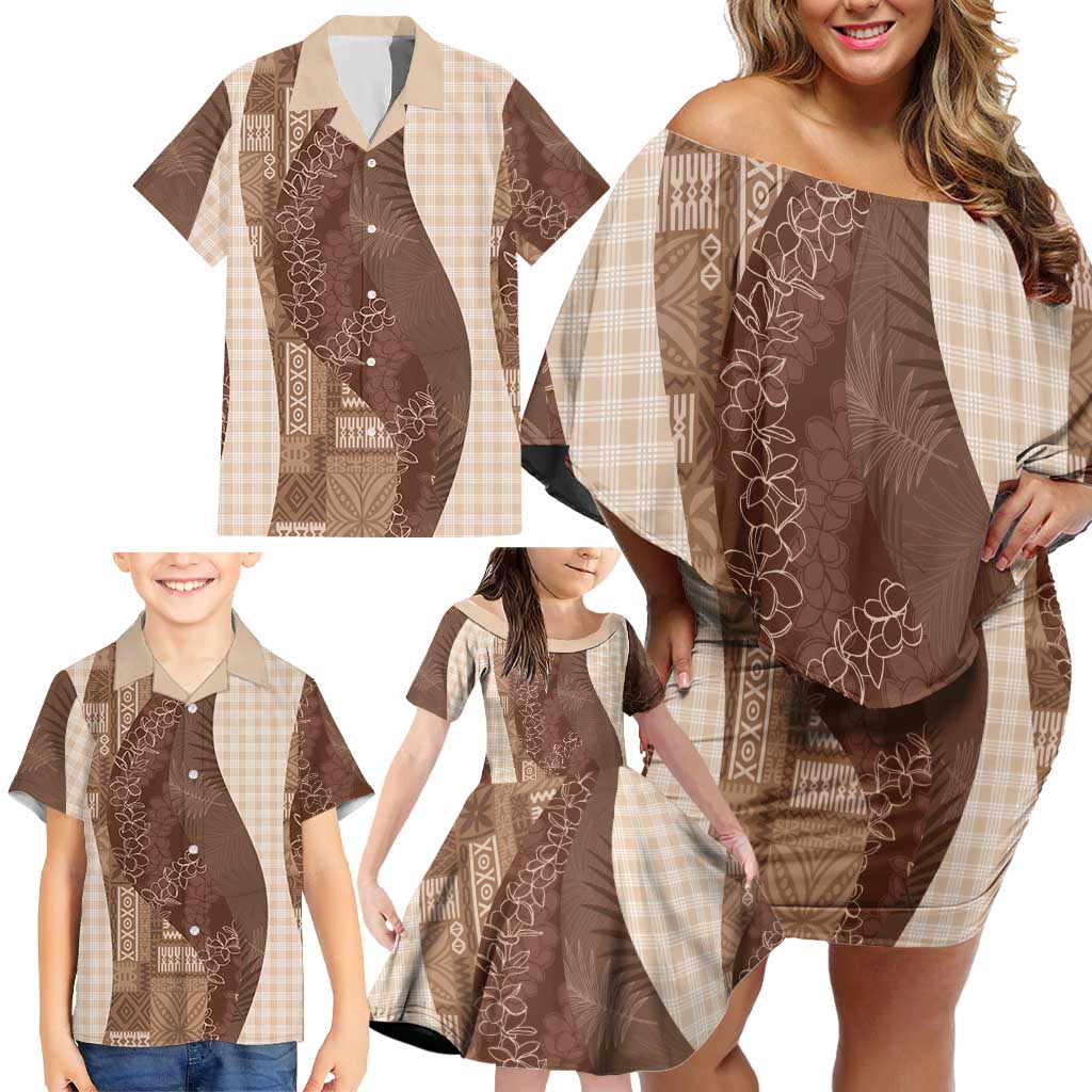 Polynesian Tribal Pattern Patchwork Picturesque Family Matching Off Shoulder Short Dress and Hawaiian Shirt Mocha