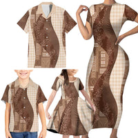 Polynesian Tribal Pattern Patchwork Picturesque Family Matching Short Sleeve Bodycon Dress and Hawaiian Shirt Mocha