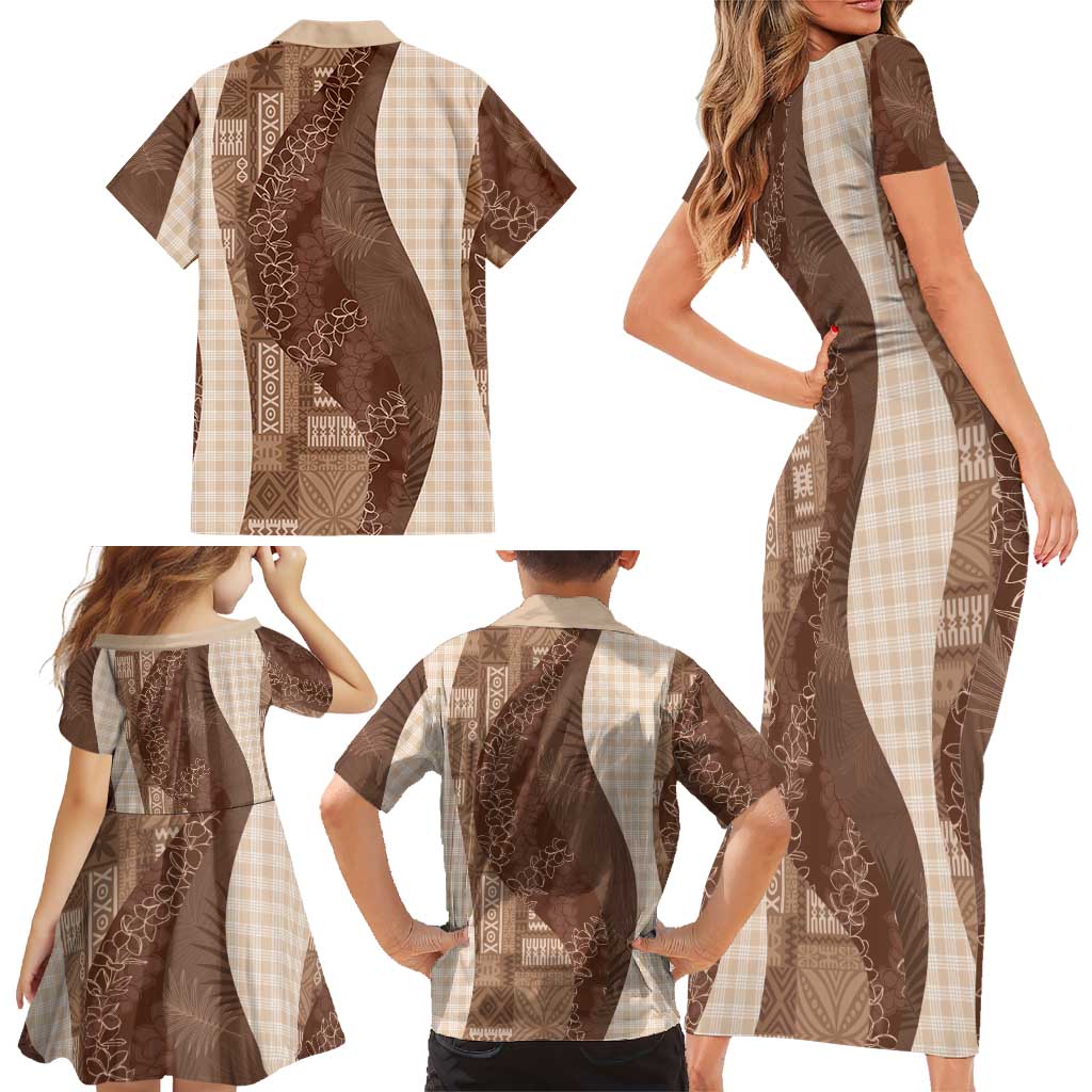 Polynesian Tribal Pattern Patchwork Picturesque Family Matching Short Sleeve Bodycon Dress and Hawaiian Shirt Mocha