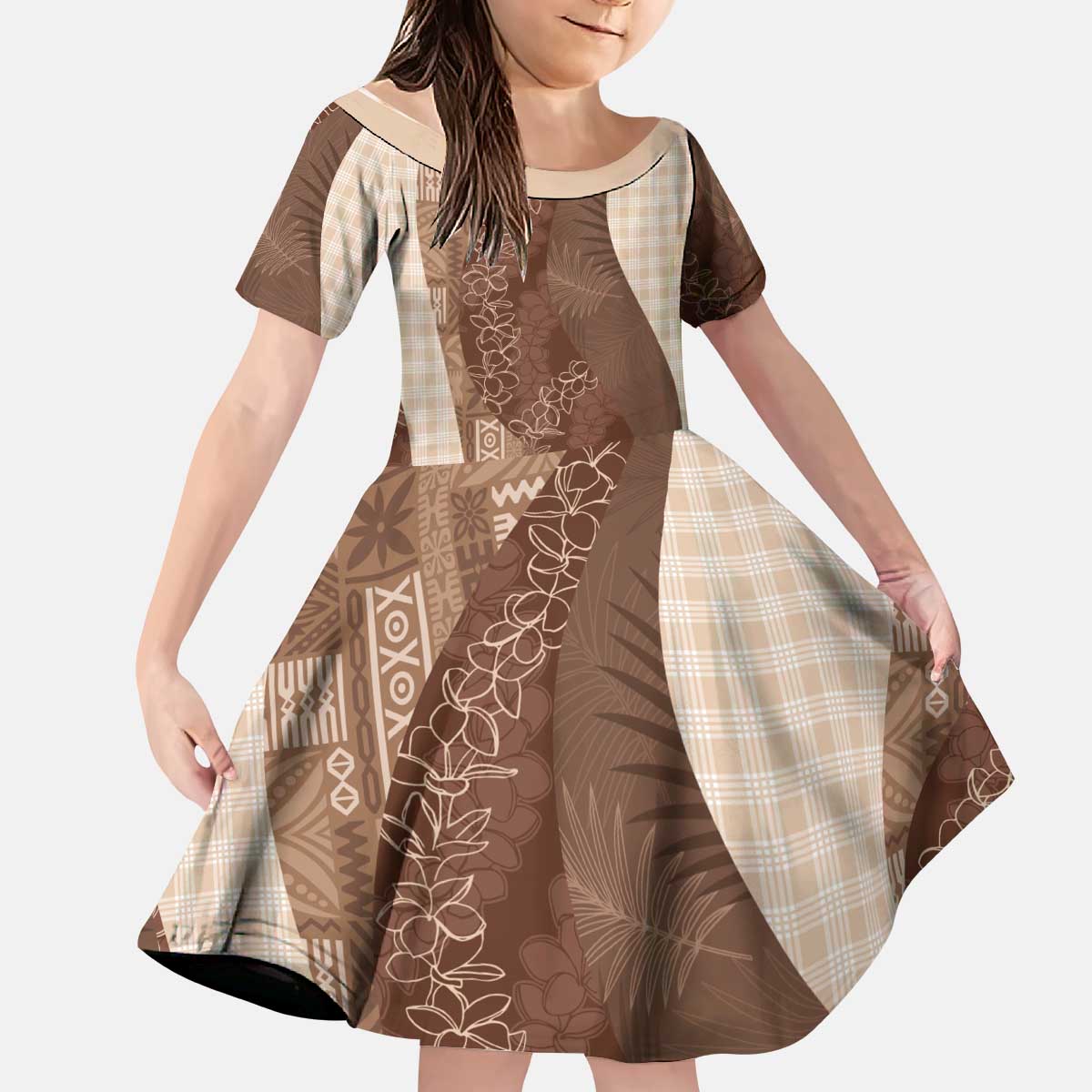 Polynesian Tribal Pattern Patchwork Picturesque Kid Short Sleeve Dress Mocha