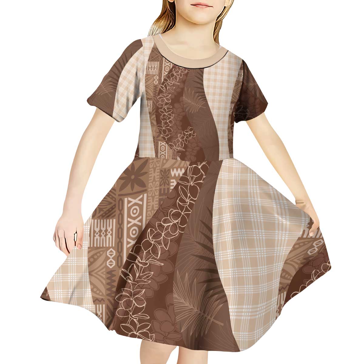 Polynesian Tribal Pattern Patchwork Picturesque Kid Short Sleeve Dress Mocha